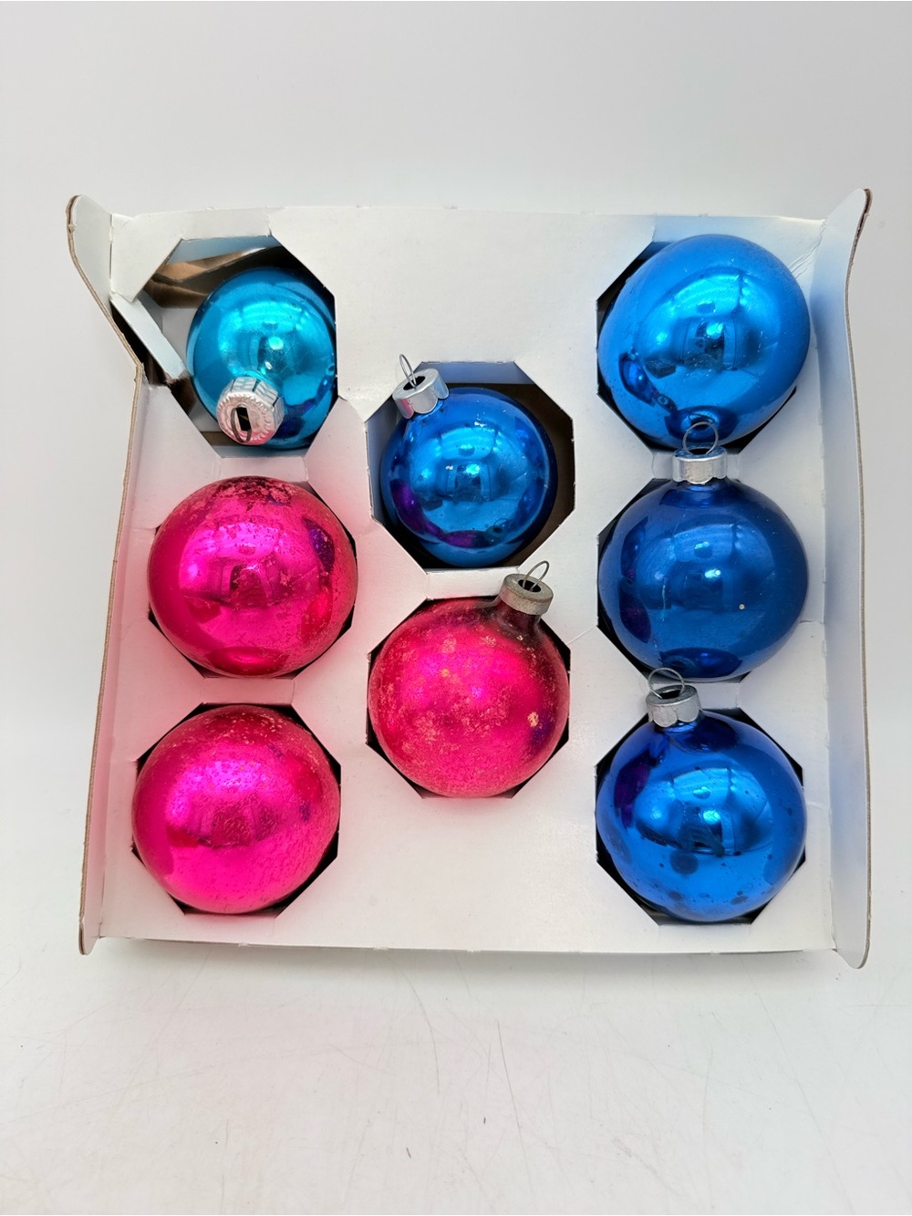 Festive Blue and Pink Glass Ornament Set - vintage Christmas Tree decorations